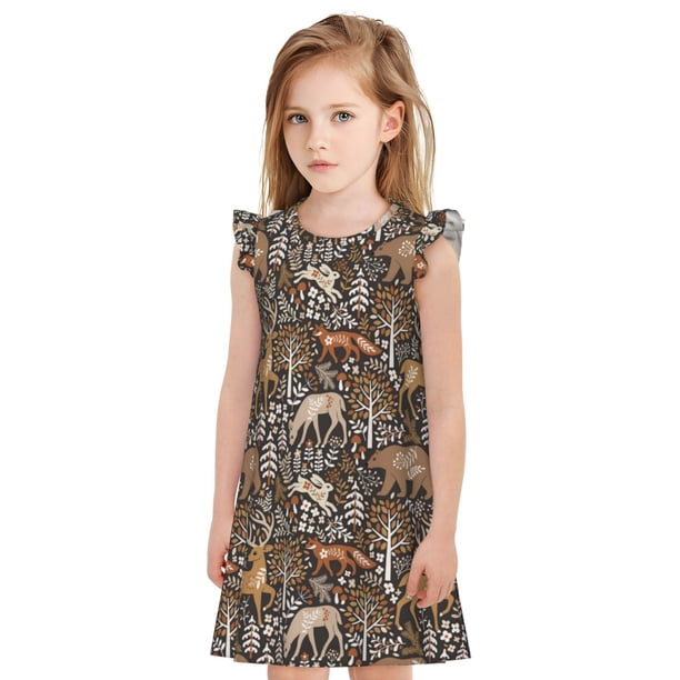 Balery Moose fox bear leaf tree Camisón de princesa para niñas, pijama de algodón con mangas abullonadas, suave y bonito.-Large