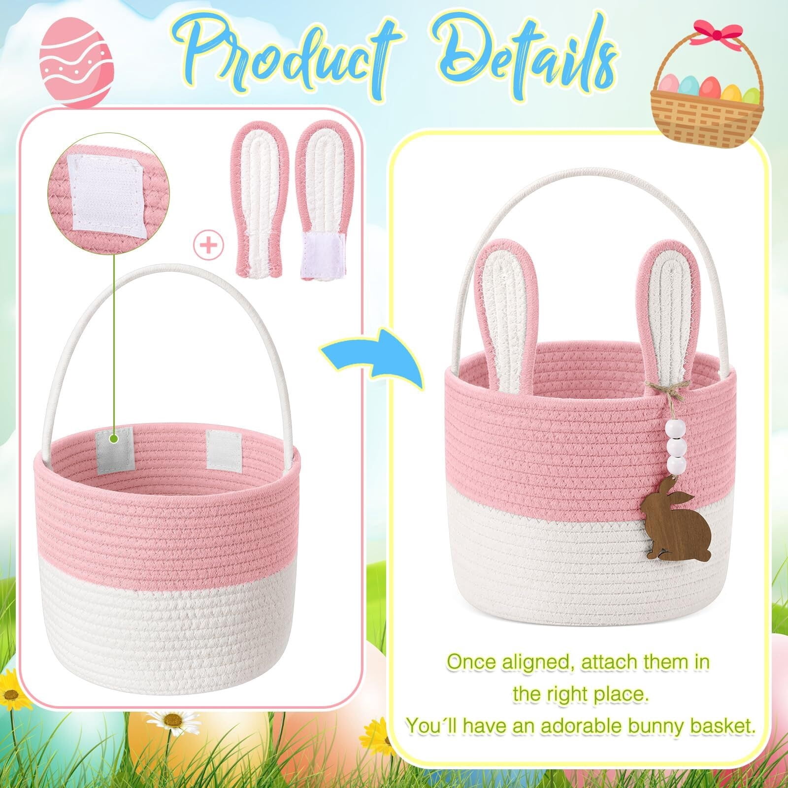 Easter Bunny Basket for Kids, Set of 2 Rabbit Ear Easter Basket with Rabbit Wood Bead Tags, Egg Hunt Bucket for Girls Boys(Yellow White)