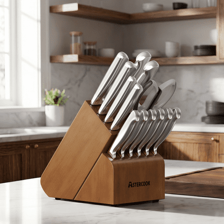 Astercook 16-Piece Knife Set, German Stainless Steel Kitchen Knife Set with Built-in Dual Sharpener, Rust-Resistant Knife Block Set with Ergonomic Handle, Dishwasher Safe Brown