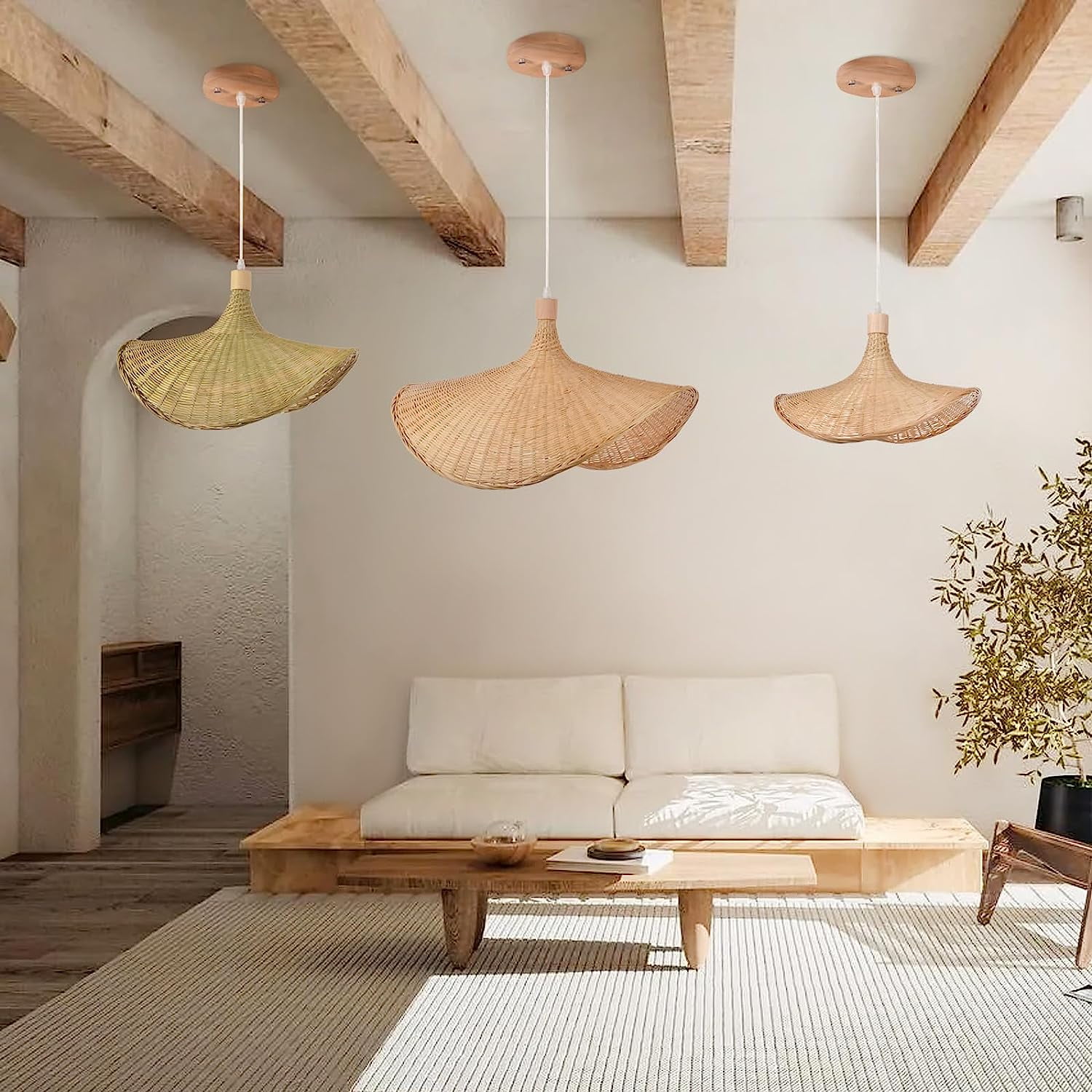 Arturesthome Bamboo Basket Chandelier Wicker Pendant Lighting Fixture, Vintage Hand-Woven Straw Hat Lampshade Hanging Ceiling Light for Restaurant