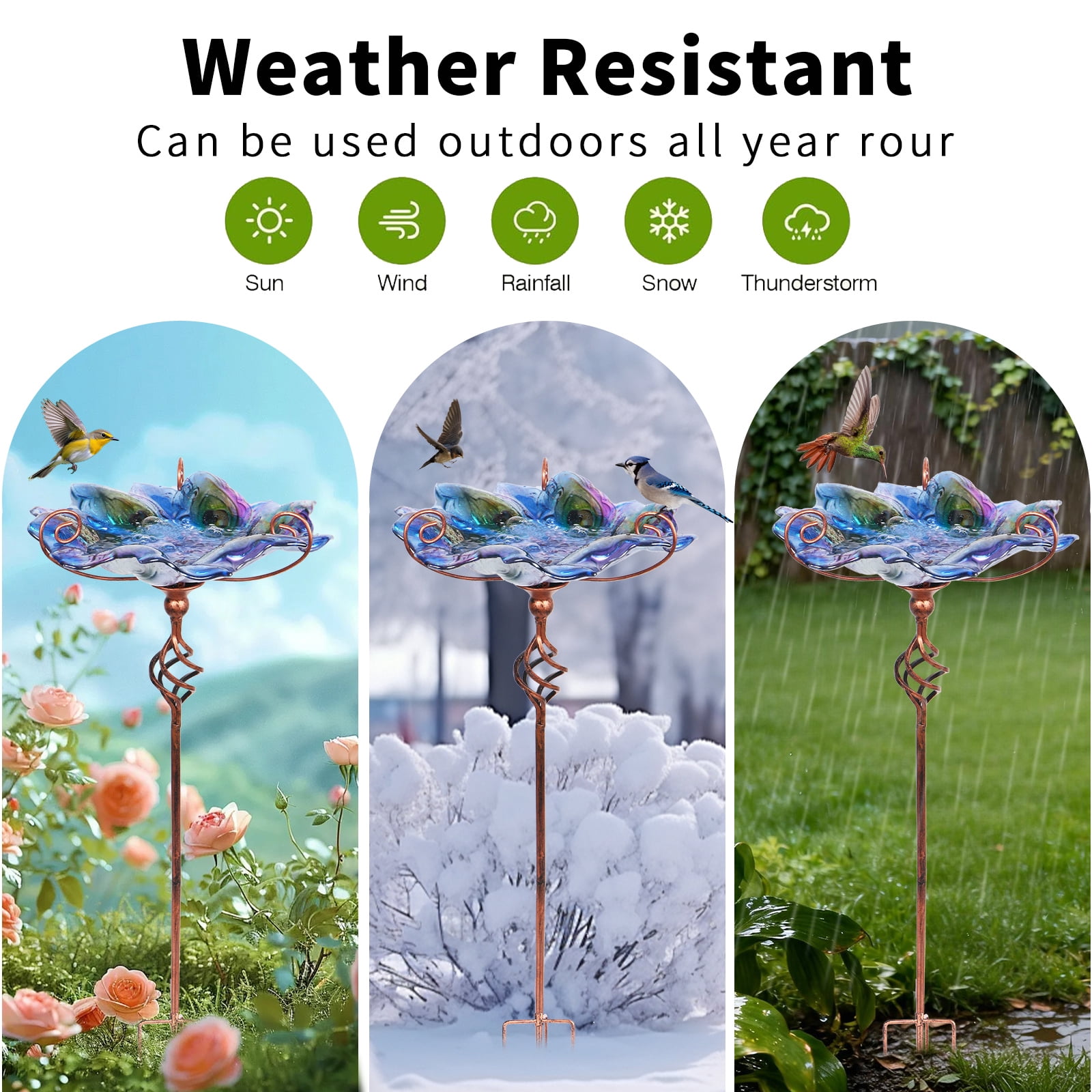 12-Inch Glass Bird Bath, Garden Outdoor Birdbaths Birdfeeder with Metal Stake Peacock Bird Baths for Outside Yard