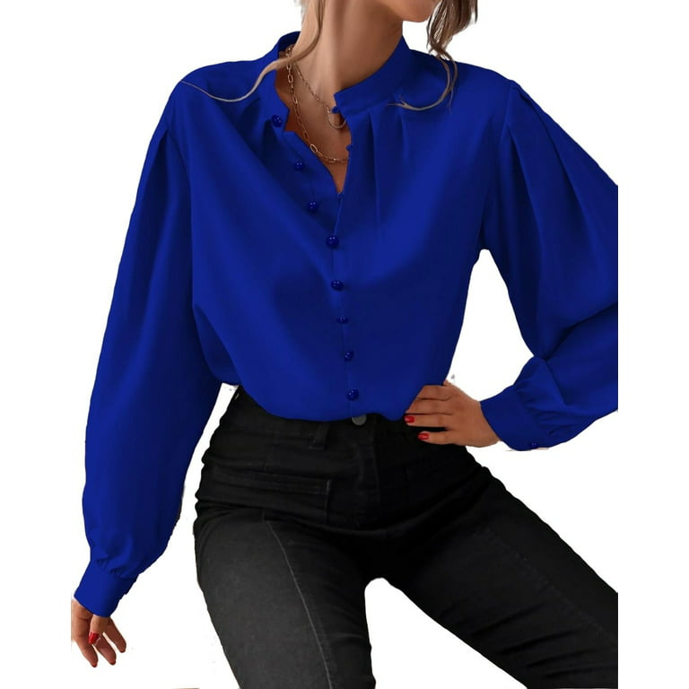 Women's Blouses Elegant Plain Top Stand Collar Fake Buttons Long Sleeve  Blue S