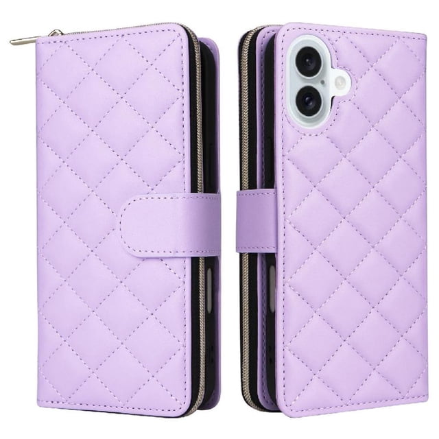 Quilted Wallet Phone Case with Strap & Stand for iPhone 16 Plus Zippered Card Holder Purple