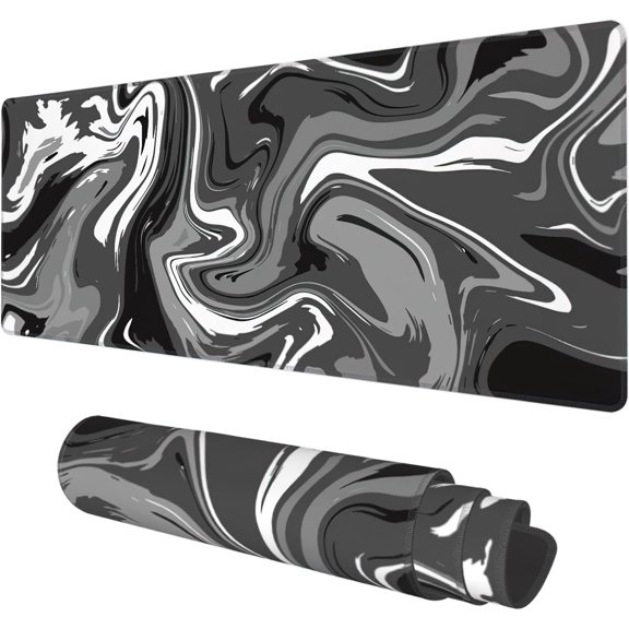 Desk Mat, Abstract Black White Ink Liquid Waves Extended Gaming Mouse Pad Large, 31.5"x11.8" Big Mouse Pad with Non-Slip Base and Stitched Edge, Long Computer Keyboard Mouse Mat for Home Office Work