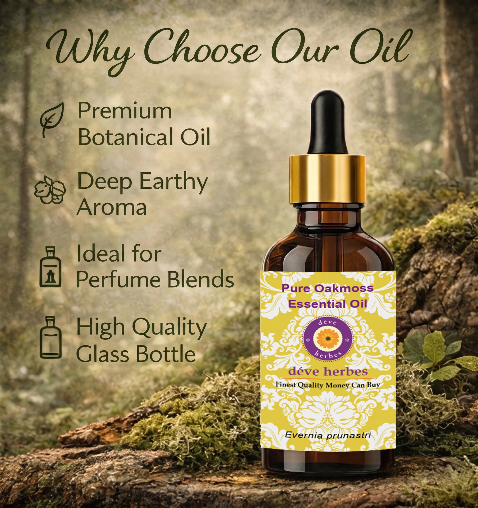 Deve Herbes Pure Oakmoss Essential Oil (Evernia prunastri) Steam Distilled, Natural & Aromatherapy Use 30ml with Glass Dropper
