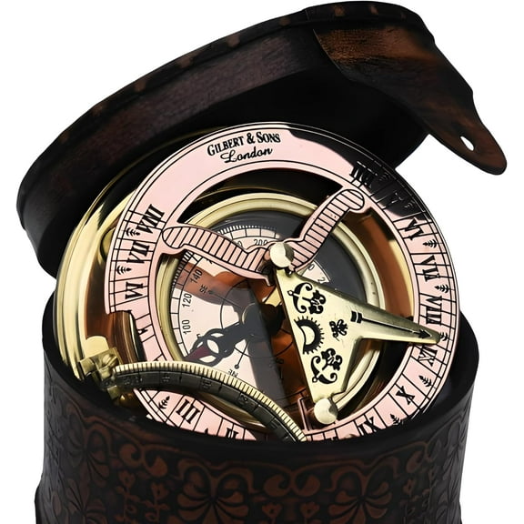 Vintage Brass & Copper Sundial Compass, Sundial Clock in Box Gift Sun Clock Ship Antique Replica Watch