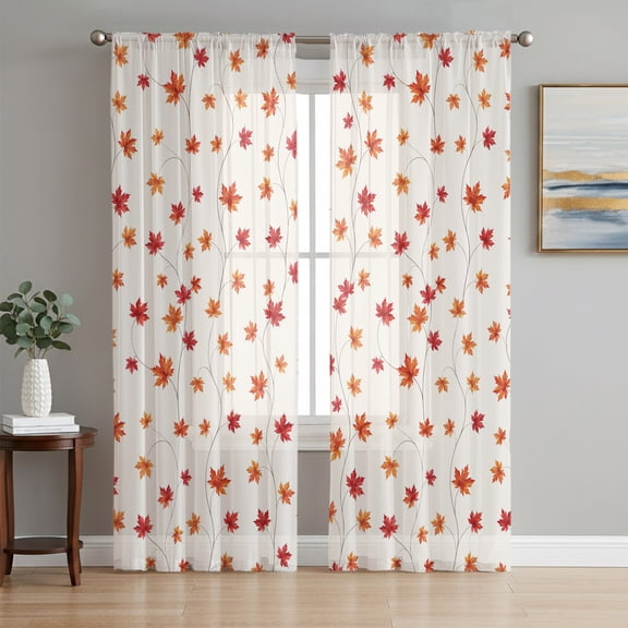 Maple Leaves Sheer Curtains 63 Inches Long, Famrhouse Botanical Rutsic Fall Cream Light Filtering Window Curtains for Living Room/Bedroom, Rod Pocket Voile Sheer Curtain Drapes, 52"W x 63"L, 2 Panels