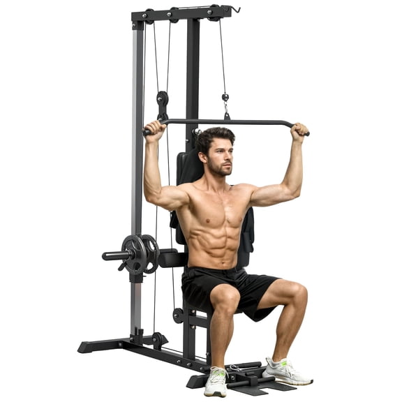 Lat Pulldown Station with Adjustable Seat and Non-Slip Footplate, Steel and PU Construction, Black, for Home Upper Body Training