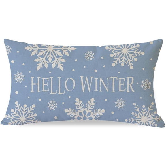 Christmas Hello Winter Snowflake Throw Pillow Cover 12x20 Inch Navy Blue Outdoor Christmas Decorations Xmas Holiday Lumbar Decorative Pillow Case for Couch Home Room Décor