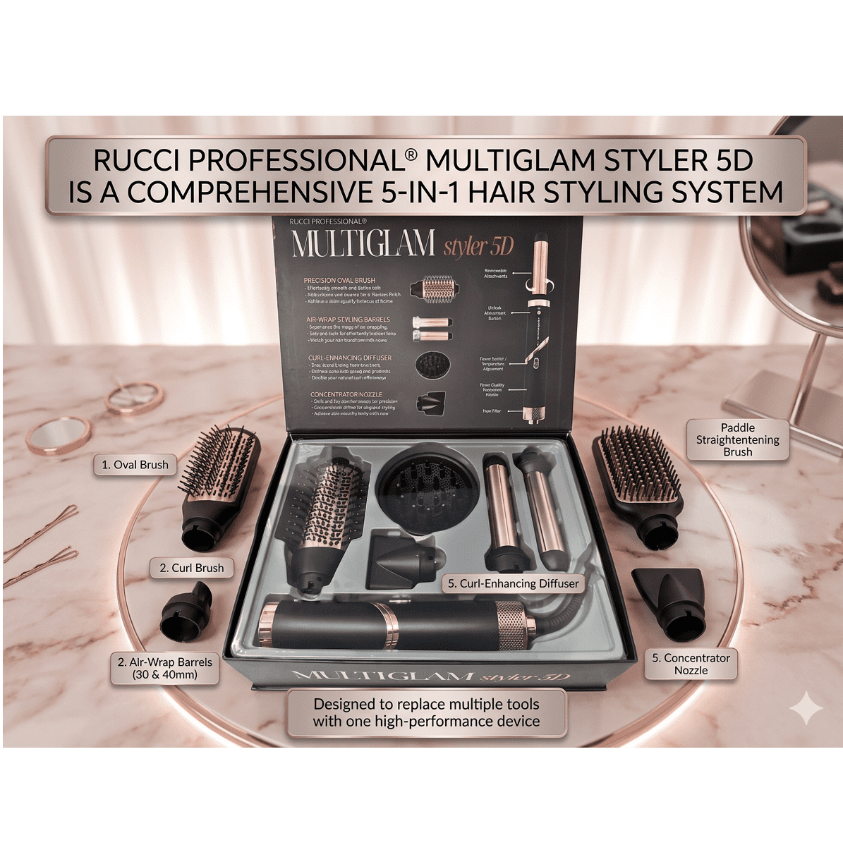 MULTIGLAM Styler 5D | 5-in-1 Hair Dryer & Styler Set with Air Wrap Barrels, Diffuser, Precision Brush & Concentrator Nozzle