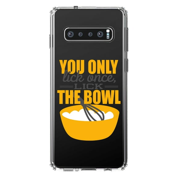 DistinctInk Clear Shockproof Hybrid Case for Samsung Galaxy S10  PLUS (6.4" Screen) - TPU Bumper Acrylic Back Tempered Glass Screen Protector - You Only Lick Once - Lick the Bowl - Baking