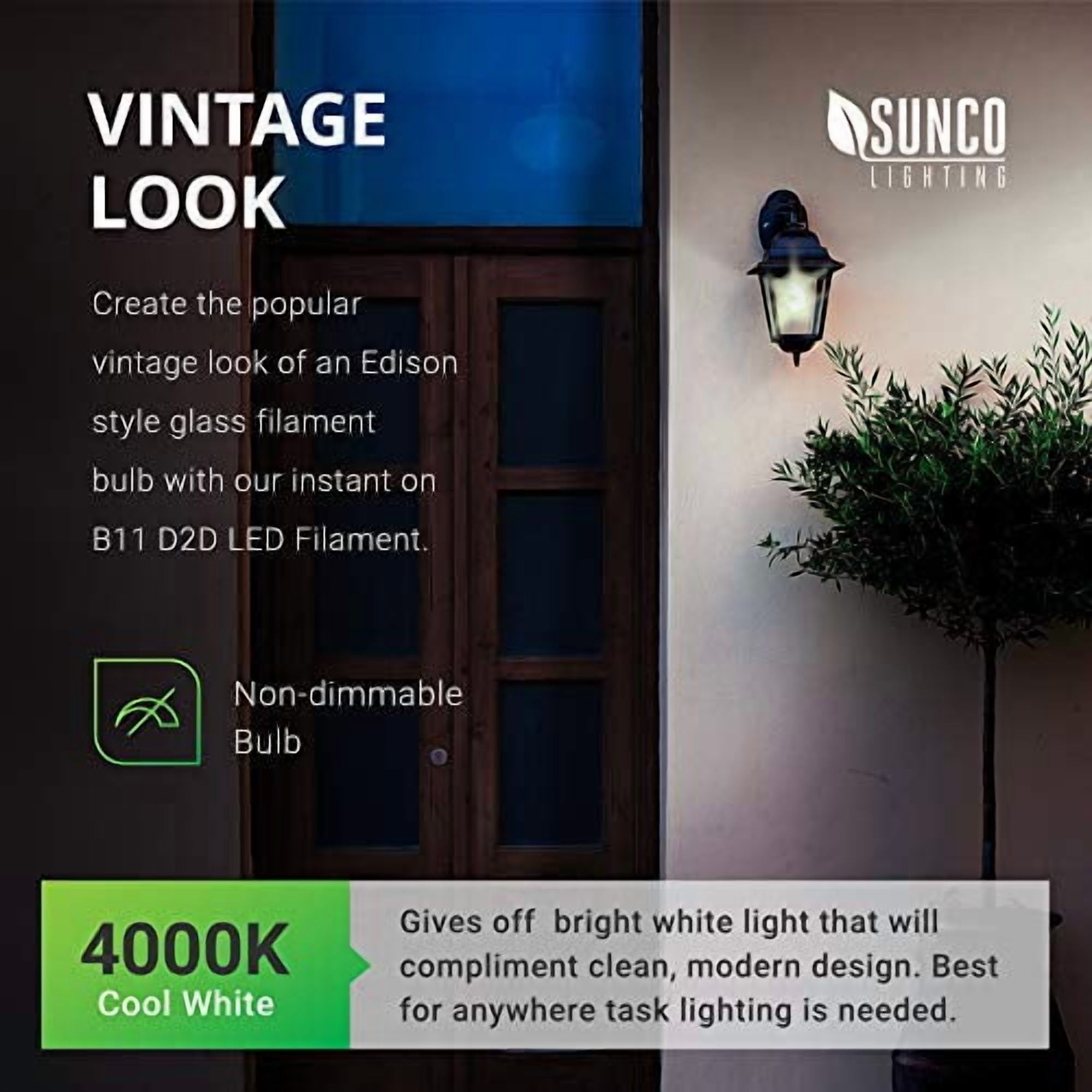 Sunco Lighting 6 Pack B11 LED Candelabra Bulb, Dusk-to-Dawn, 5W=40W, 4000K Cool White, Filament, 500 LM, E12 Base, Outdoor Decorative Light for Sconces - UL