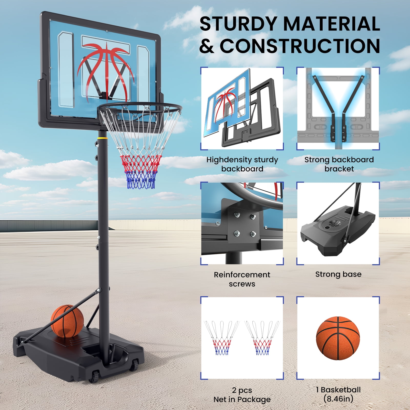 Basketball Hoop Outdoor 4.82-8.53ft Adjustable, Portable Basketball Hoop & Goals with 2 Wheels, 32 Inch PC Backboard/Fillable Base/Size 5 Basketball for Kids, Youth, and Adults in Backyard/Driveway