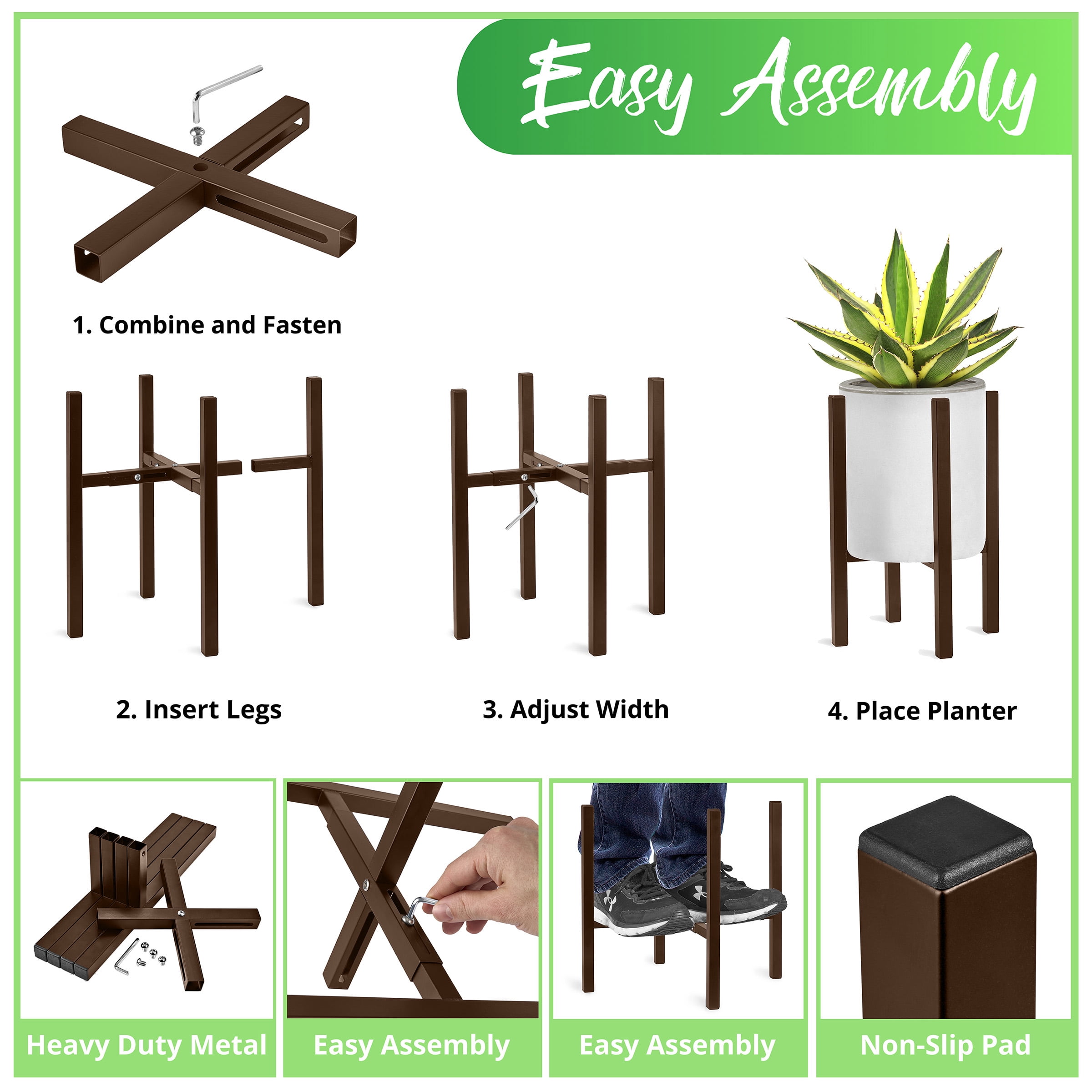 Sorbus Adjustable Mid-Century Plant Stand – Modern Indoor Flower Pot Holder for Home Décor – Brown (2-Pack, Plant & Pot Not Included)