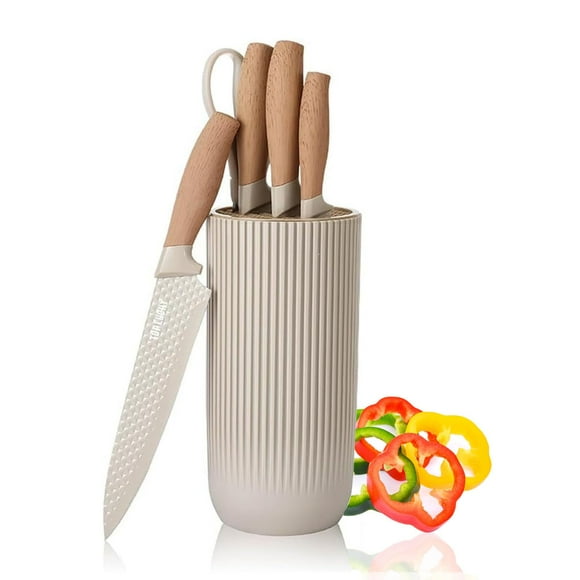Kitchen Block Knife Sets, 6-Pieces Khaki Chef Knife Set with Removable Round Block, Non-Stick & Non-Slip Stainless Steel Sharp Knife Set for Restaurant Home Cooking, Gifts for Mom Wife