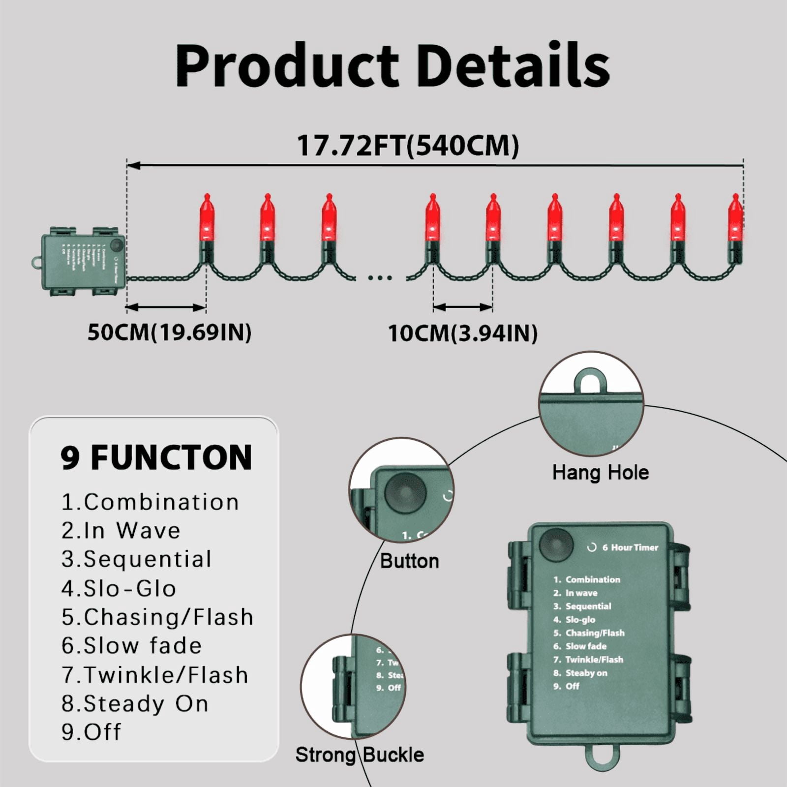 2 Pack 50 LED Outdoor Christmas Lights, 16 FT Mini String Light with 9 Modes & 6 Hour Timer, Waterproof Battery Operated for Indoor Outdoor Patio Garden Party Tree Valentine's Day Decoration, red