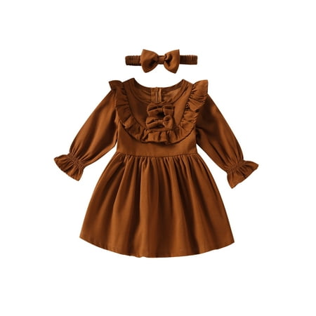

Canrulo Toddler Baby Girls Fall Winter Outfits Bowknot Pullover Dress Ruffle Tunic Long Sleeve Dress with Headband Set Brown 2-3 Years