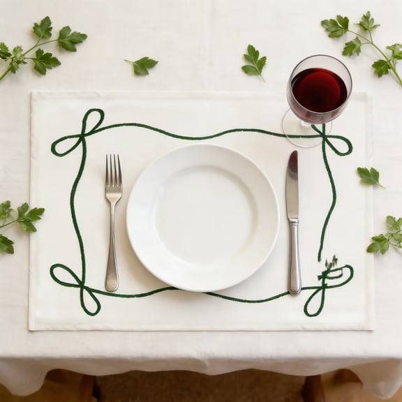 Linen Placemats, Bow Embroidered Heat Resistant Table Mats for Dining Table, Washable Farmhouse Kitchen Table Decor for Holiday and Everyday Use