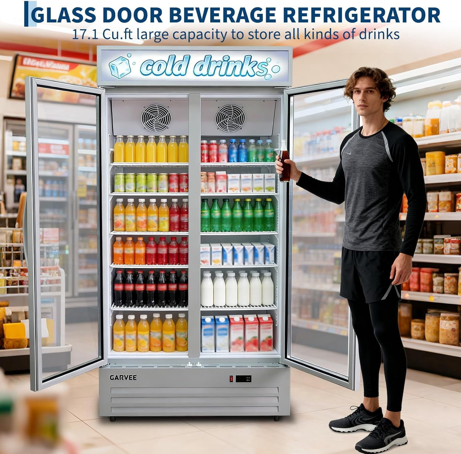 34.8 Cu.ft Commercial Beverage Fridge, Double Glass Door Display Refrigerator with Adjustable Shelves, Customizable LED Lightbox & Frost-Free System, Beverage Cooler for Restaurant Bar Store, Silver