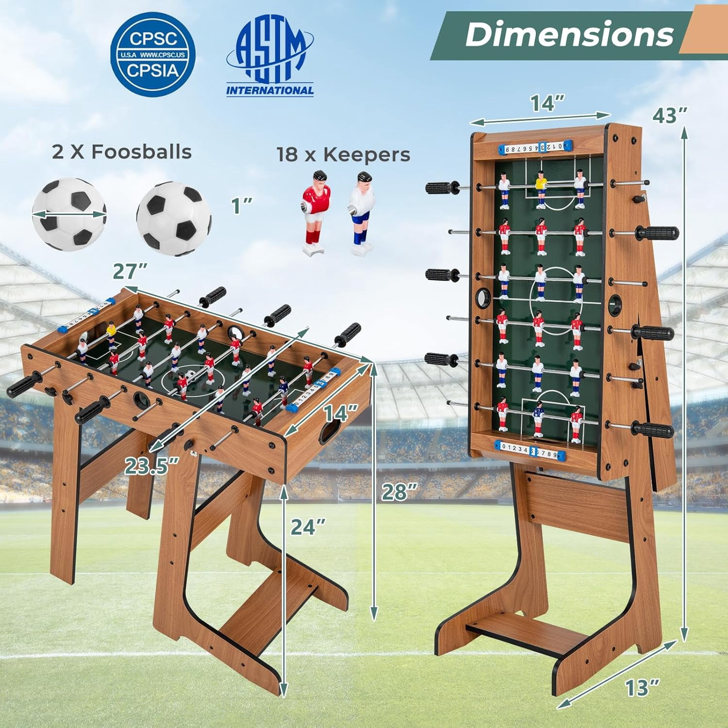 27in Folding Foosball Table with 2 Mini Footballs, Score Keepers - ASTM Certified for Indoor Recreation, Great for Family Game Nights and Parties