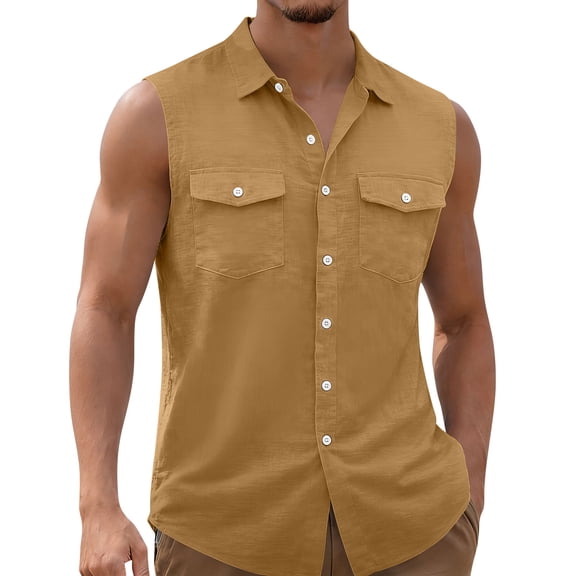 USNSM (S-5XL) Big and Tall Sleeveless Button Down Shirts for Men Summer Casual Beach Vacation Collared Tank Tops Basic Vest Shirts with Pockets Bronze S