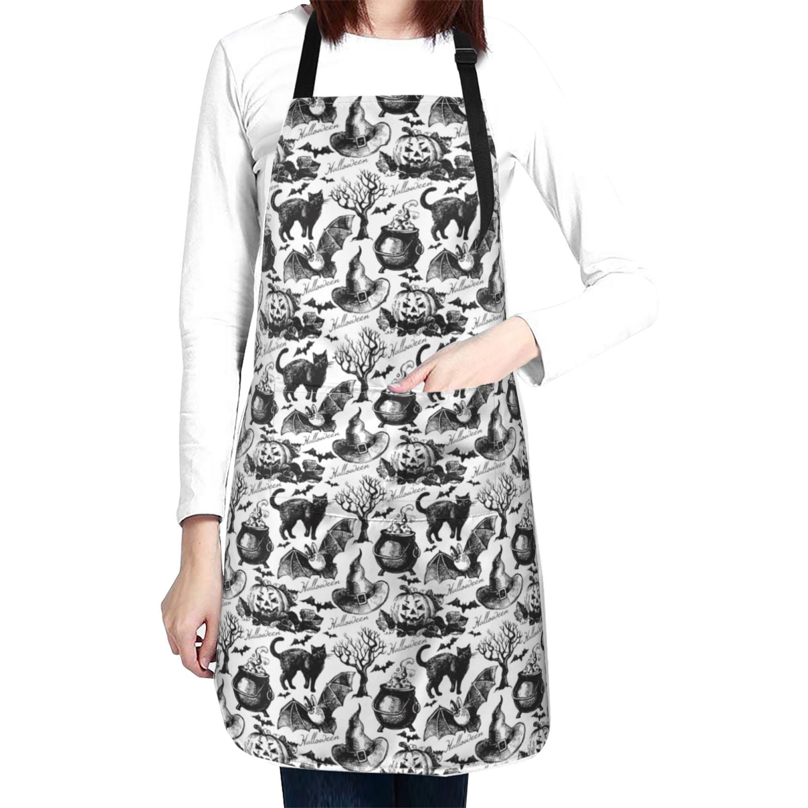Kdxio Black White Halloween Apron with Pockets Adjustable Kitchen Aprons for Men Women Waterproof Aprons for Cooking,Drawing,Crafting, Baking Household Cleaning