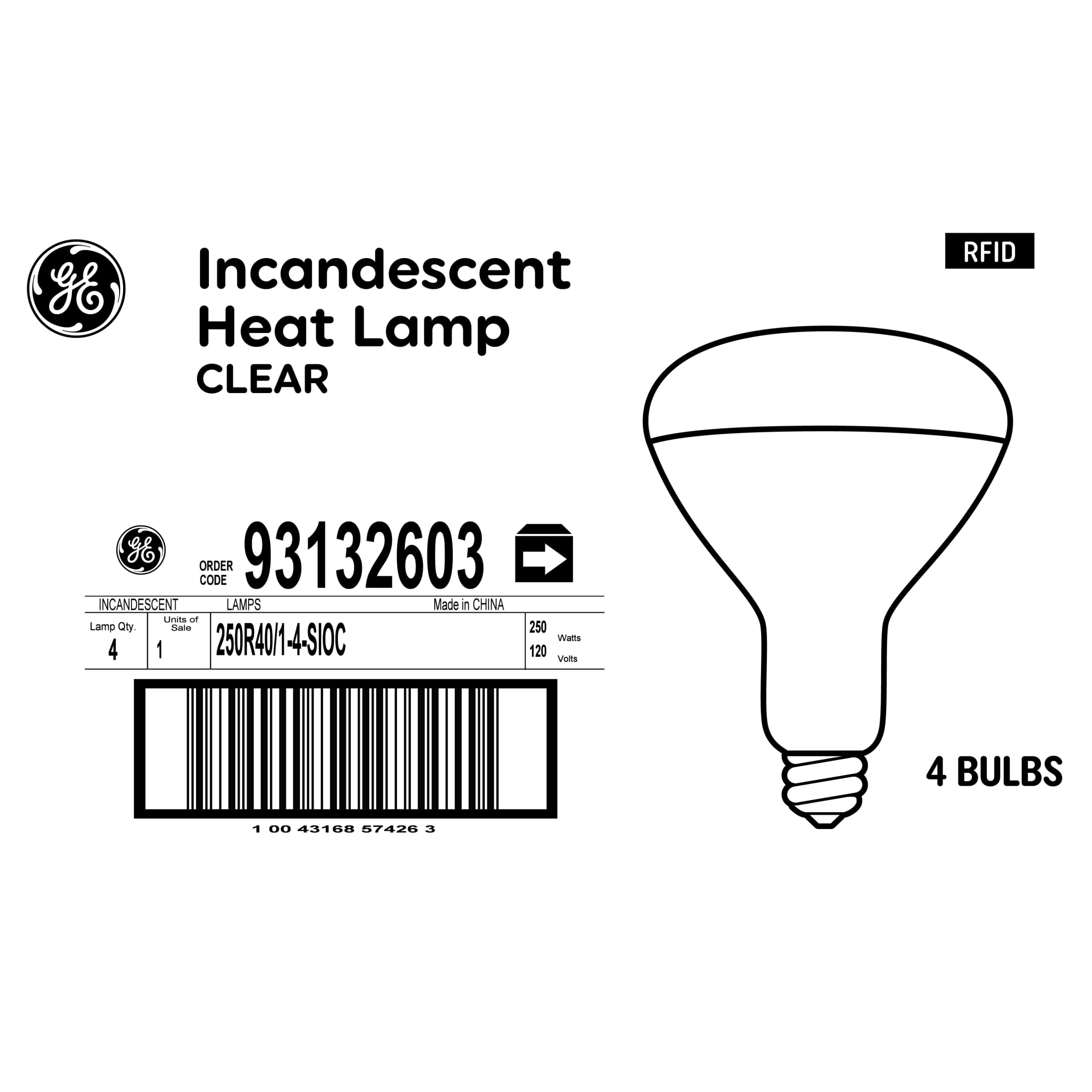 GE Incandescent Heat Lamp, 250 Watt Replacement, Soft White, BR40 Clear Floodlight Bulb (4 Pack)