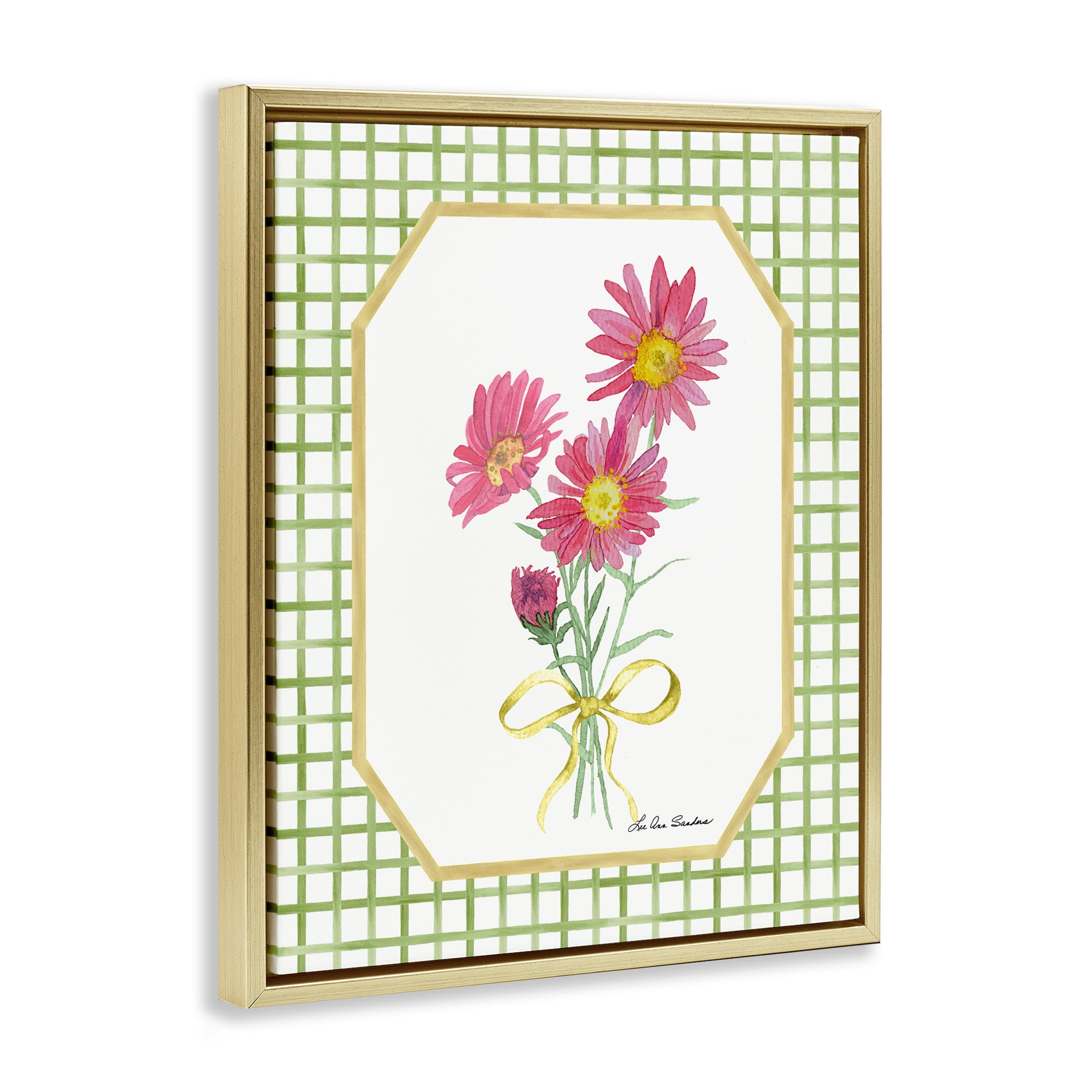 Botanical Story on Gingham Gold Framed Floater Canvas Wall Art, design by Lee Ann Sanders