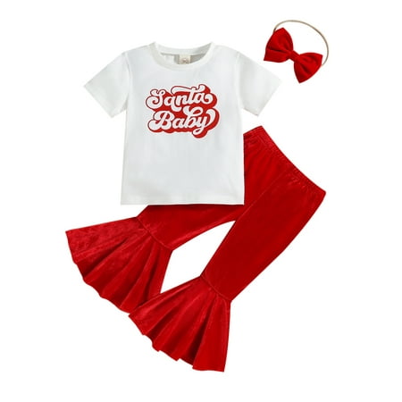 

Pudcoco Kid Christmas Sets Letter Print Short Sleeve Tops Velvet Flare Pants Headbands