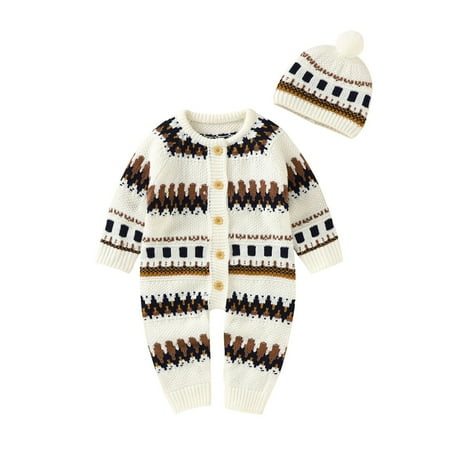 

Set Baby Sweater Romper Outfits Girls Jumpsuit Cotton Hat Boys Knitted Boys Romper&Jumpsuit
