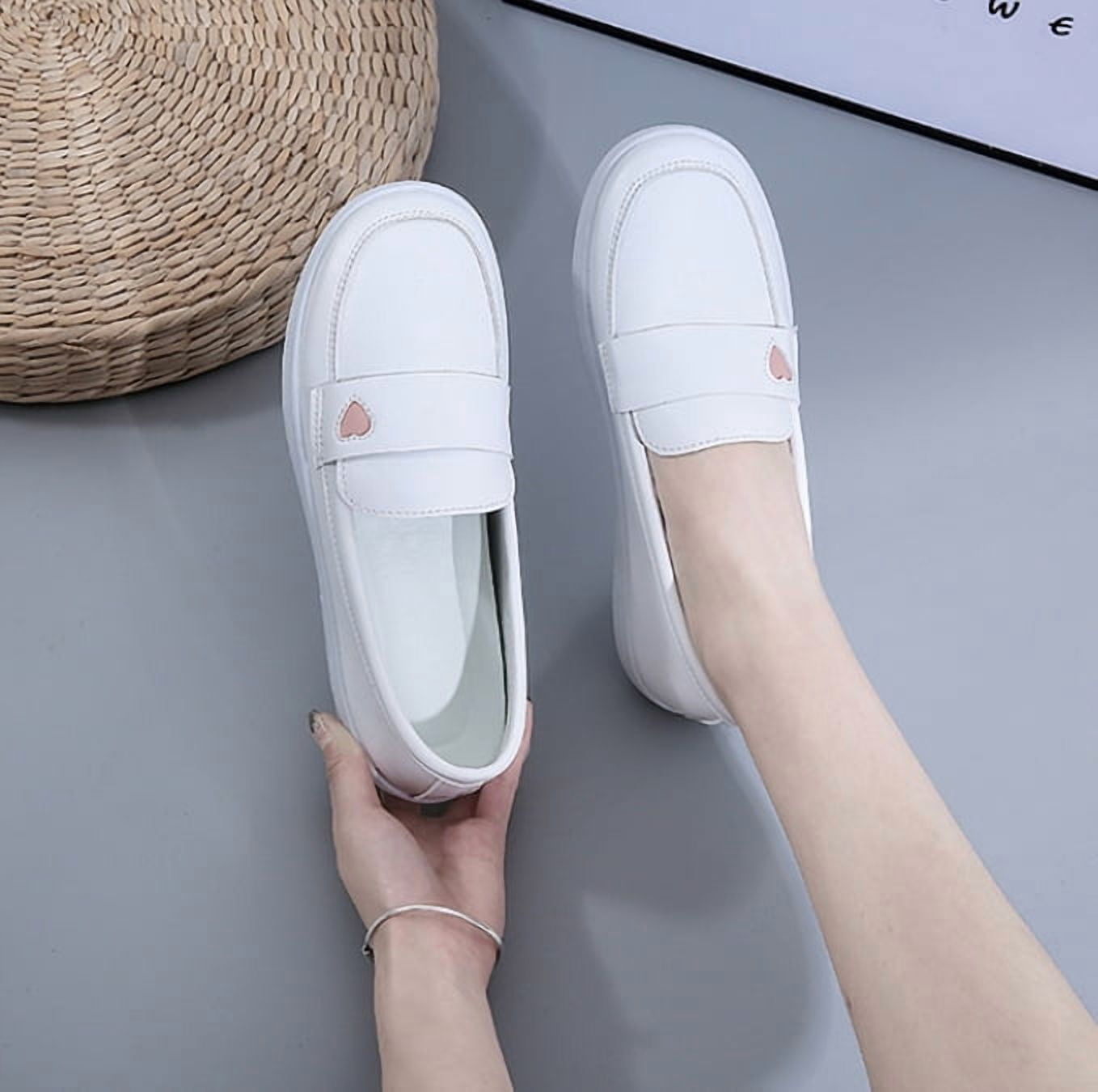 Women's White Slip-On Loafers with Heart Detail, Comfortable Casual Flat Shoes, Breathable Daily Wear Shoes for Women
