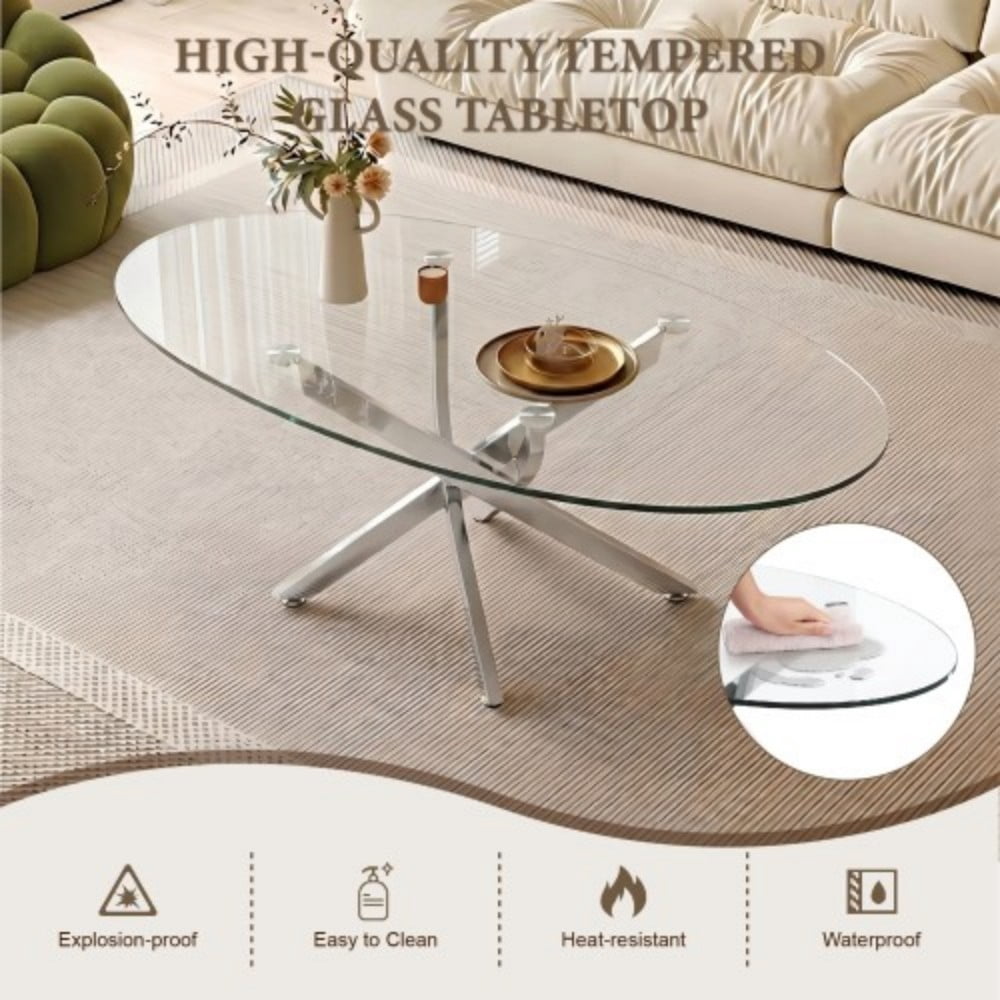 Oval Coffee Table, 39.37" Tempered Glass Top with Antique Silver Cross Legs, Modern Side Table, Tea Table for Living Room, Apartment, Cafe