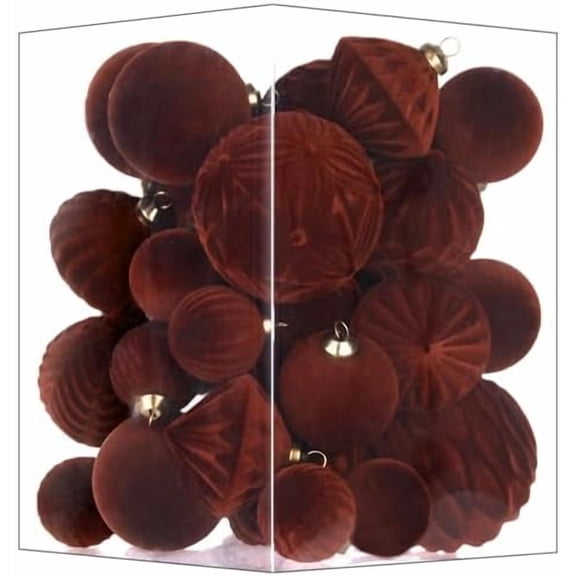Flocked Ornaments for Christmas Tree Decorations - 35pcs Deep Brown Velvet Ball Ornament for Winter Holiday Decor - Plastic Shatterproof Xmas Ornaments Bulk