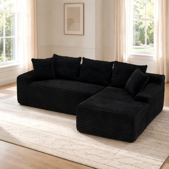 95" L Shaped Sectional Sofa, Corduroy Boneless Couch with Left-Facing Chaise and 4 Pillows, No Assembly Required, Black