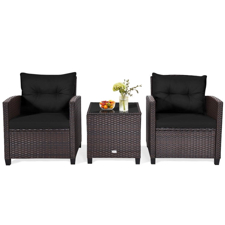Aimee Lii 3 Pieces Wicker Patio Furniture Set, Coffee Table Cushioned Sofa, Modern Patio Furniture, Black Aimee Lii 3 Pieces Wicker Patio Furniture Set, Coffee Table Cushioned Sofa, Modern Patio Furniture, Black