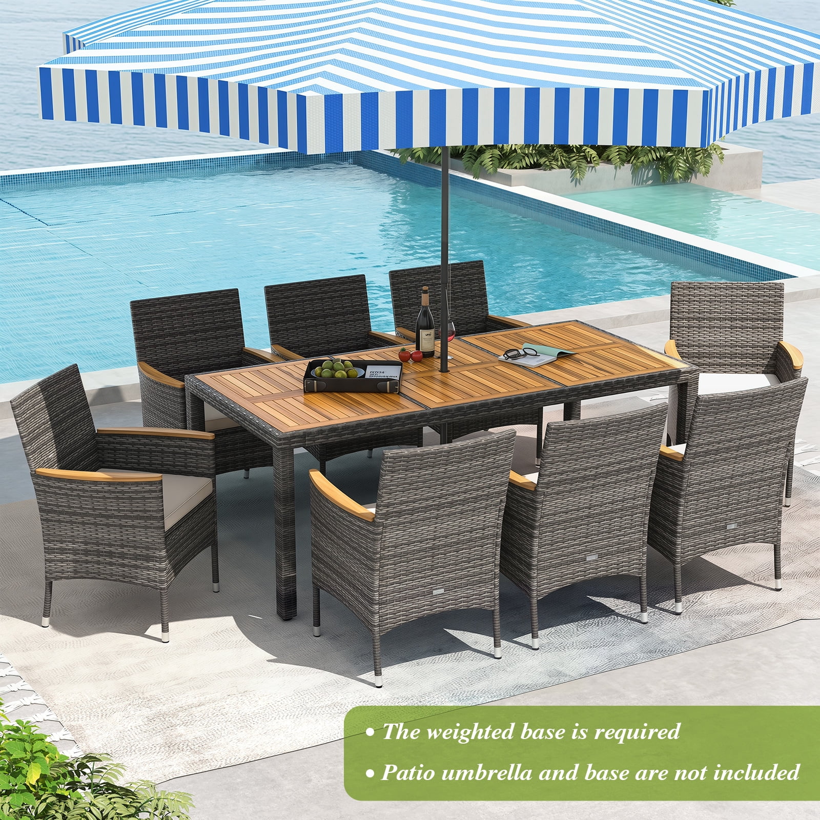 Patiojoy 9PCS Patio Rattan Furniture Dining Set Acacia Wood Table Cushioned Chair for Outdoor