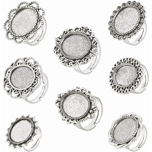 16 piezas de 8 estilos de base de anillo ajustable en blanco, bisel de plata, bandejas de sol ovaladas con flores, configuraciones, componentes de anillos de dedo de aleación vintage, accesorios