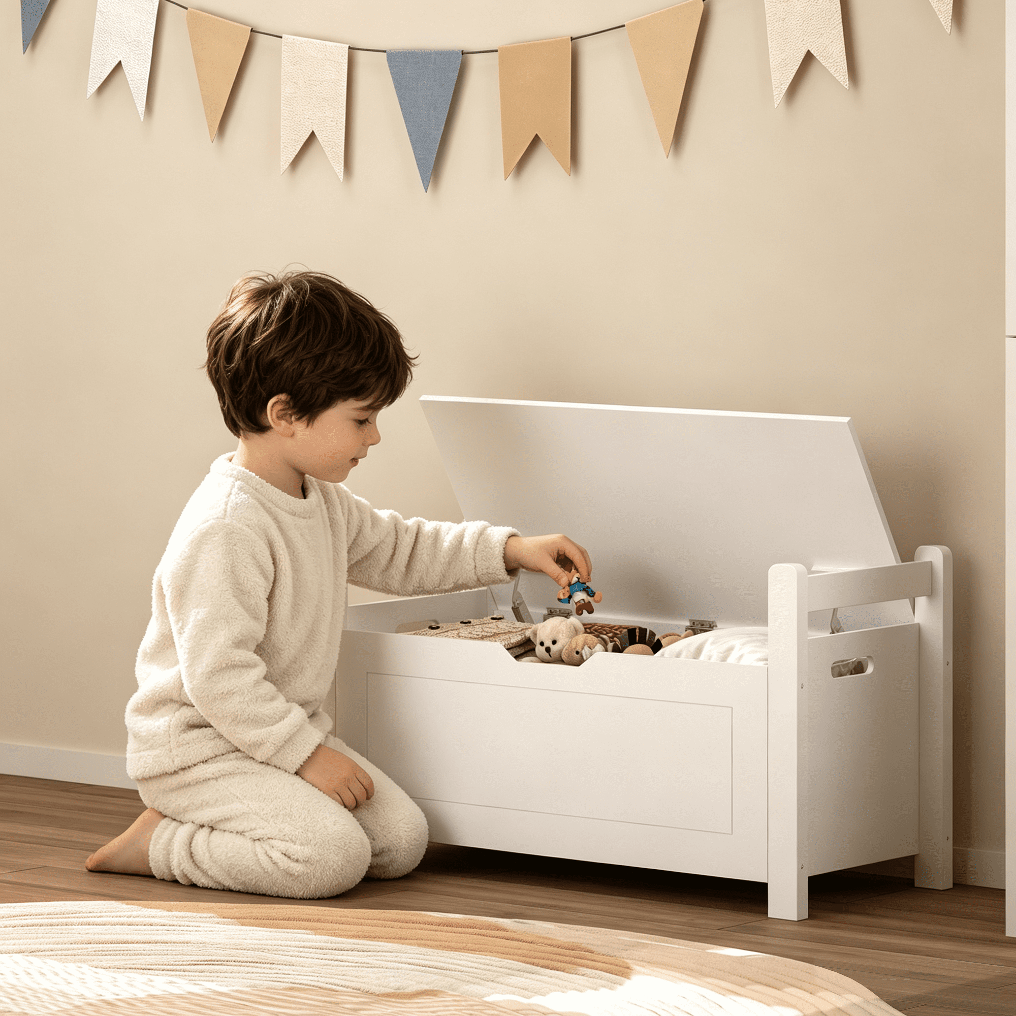 White Kids Toy Storage Chest with Cushioned Seat & Slow Safety Hinge, Flip Top Toy Organizer for Nursery Playroom