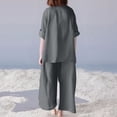 thumbnail image 5 of CIENVNSTG 2 Piece Sets Woman Trendy V-Neck Long Sleeve Linen Shirt Top Drawstring Straight Pants Set Dark Gray S, 5 of 5