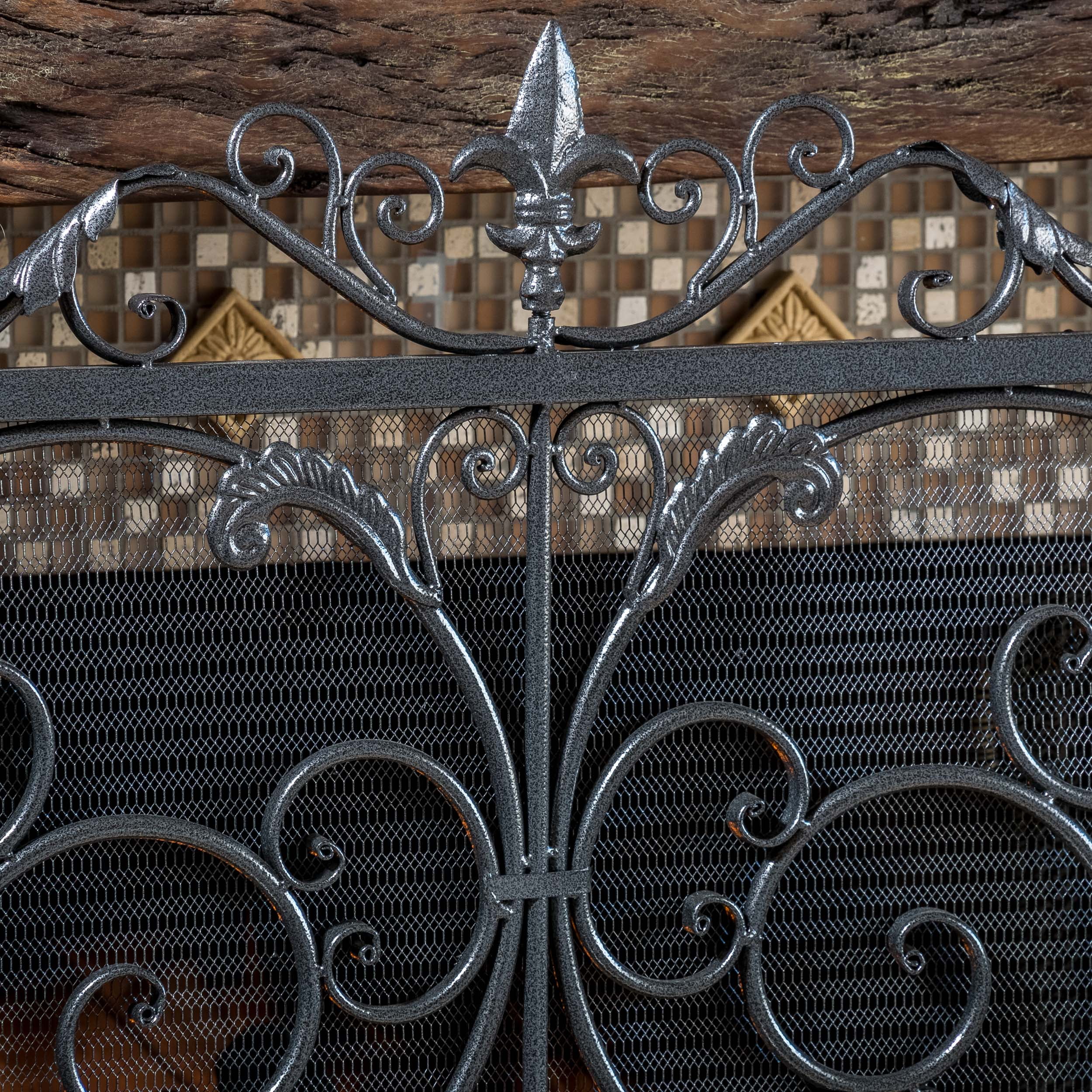 Noble House Crenshaw Iron Fireplace Screen, Silver Flower on Black