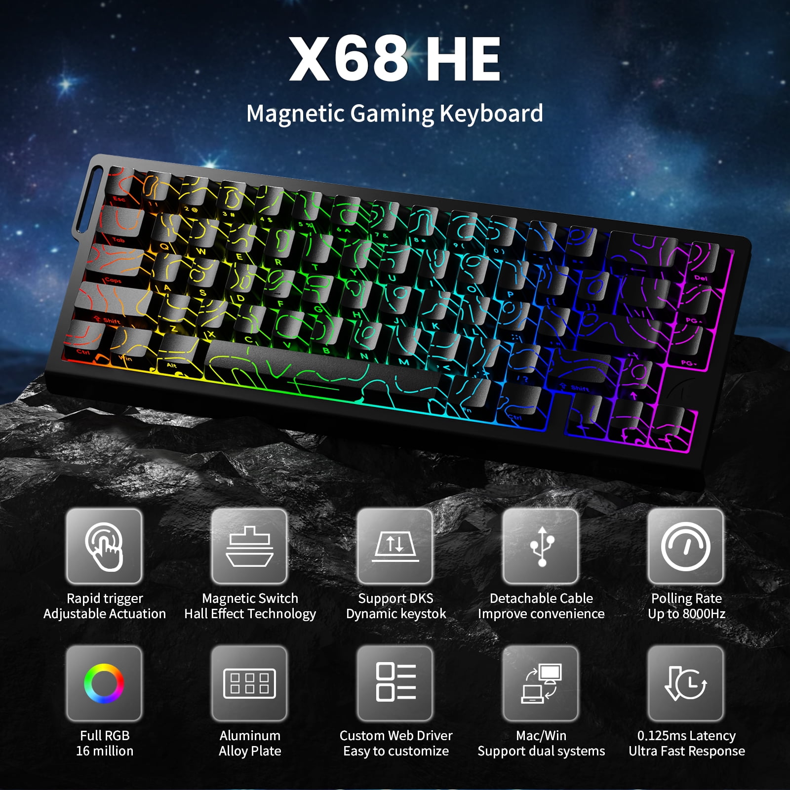 ATTACK SHARK X68 HE Rapid Trigger Keyboard Magnetic Switch 60% Wired 8KHz Magnetic Keyboard With 0.01mm RT Accuracy, Support RT/Snap Tap/DKS/MT/TGL