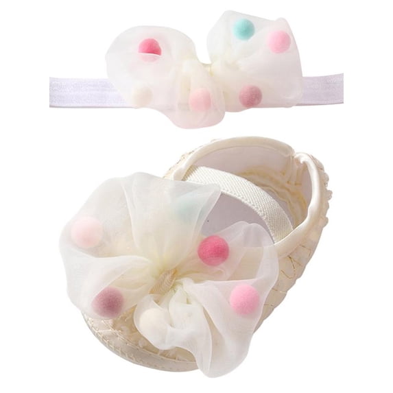 Ame Fashion Baby Girl Polka Dot Net Yarn Cotton Bowknot Princess Shoes Toddler Soft Sole Walking Shoes Headband Set 0-18 Months