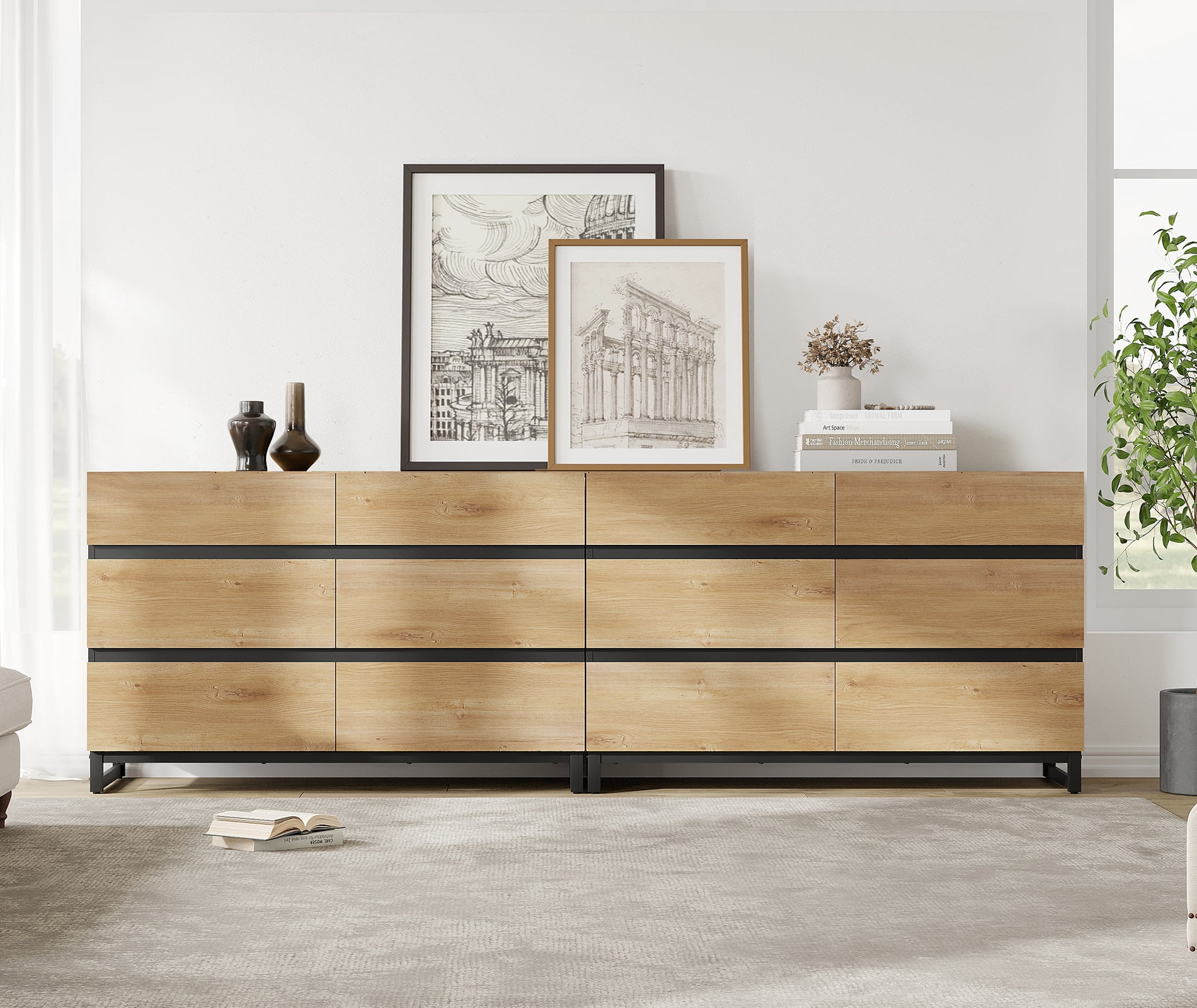 12-Drawer Wooden Dresser with Metal Base, Modern Chest of Drawers & Closet Organizer for Bedroom, Living Room, Oak