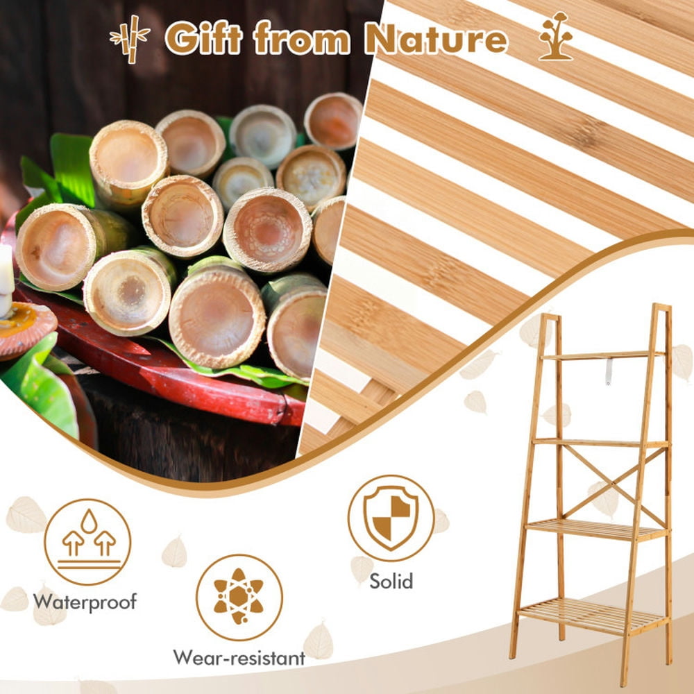 Demi Bonn 4-Tier Bamboo Ladder Bookshelf, 58" Bamboo Bookcase Storage Stand Rack, Beige