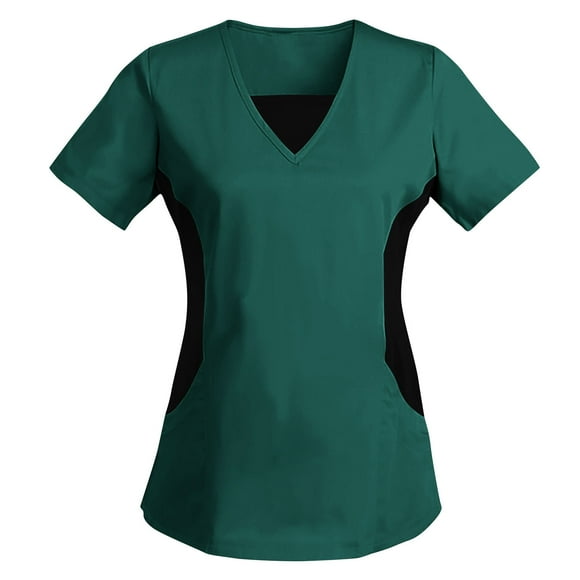 Colorblock Stretch Scrubs Tops - Womens V Neck Nurse Uniform Short Sleeve Loose Fit Medical Shirt Workwear