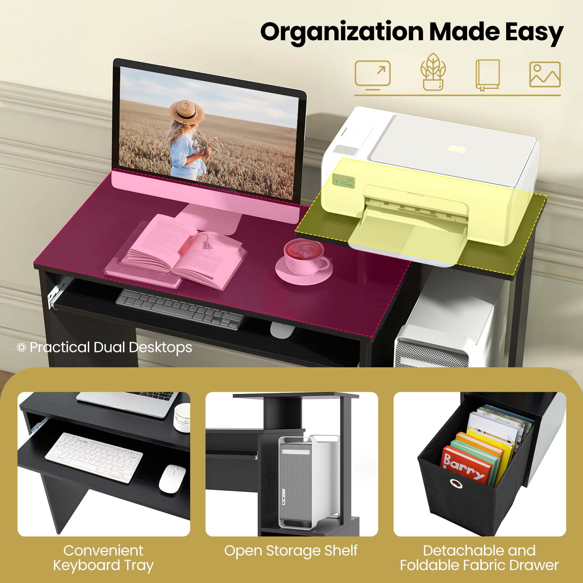 Costway Home Office Computer Desk Space-saving Study Writing Desk with Keyboard Tray Black
