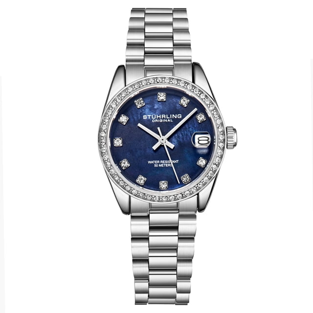 Reloj de mujer de cuarzo de 31 mm con cristales Stuhrling Original Caja plateada esfera azul MOP
