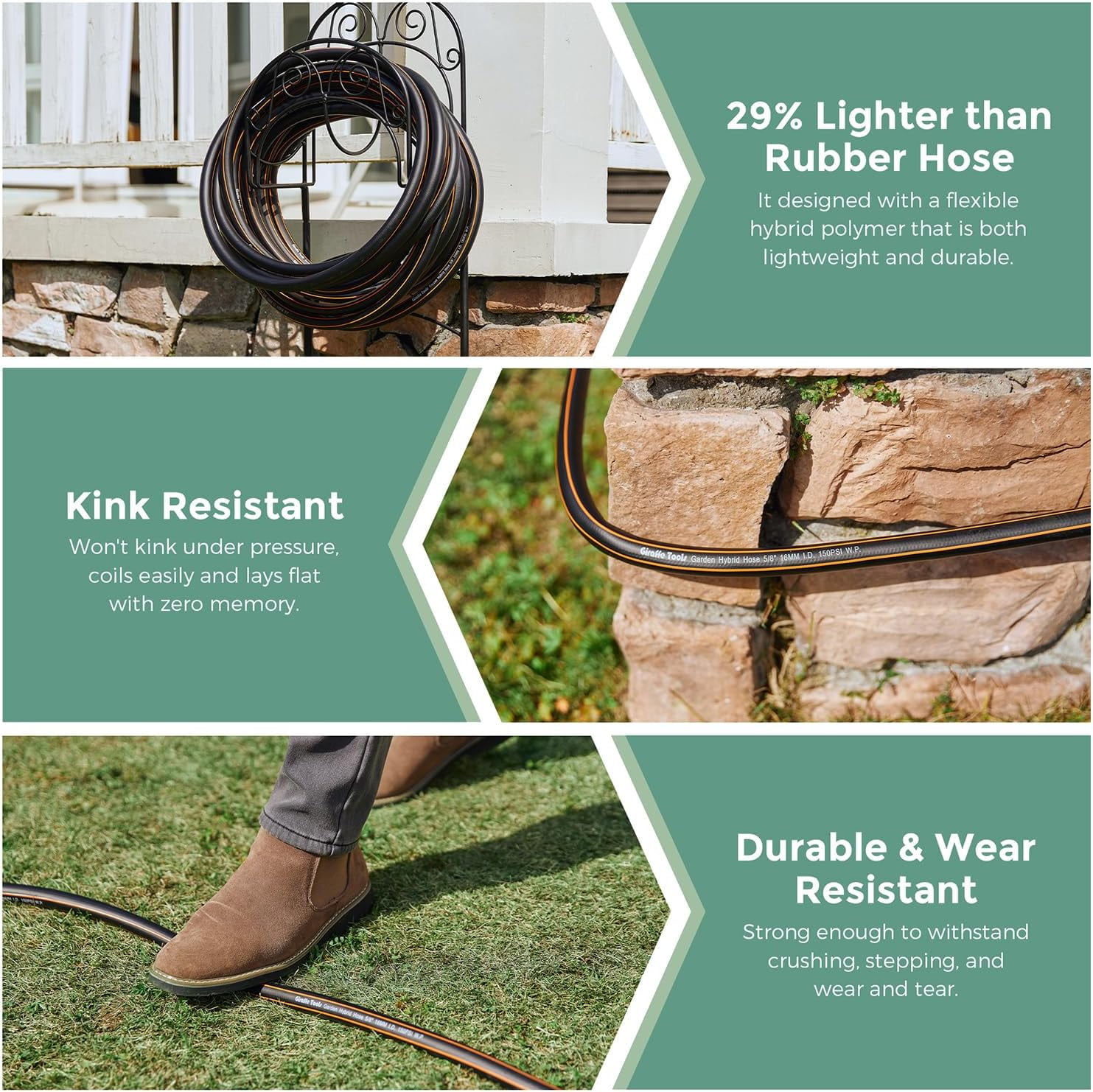 Giraffe Hybrid Garden Hose 5/8" x 25ft, Custom Length, NO Kink, Flexible, Leakproof Hose with Male to Female Fittings, 600 Burst PSI