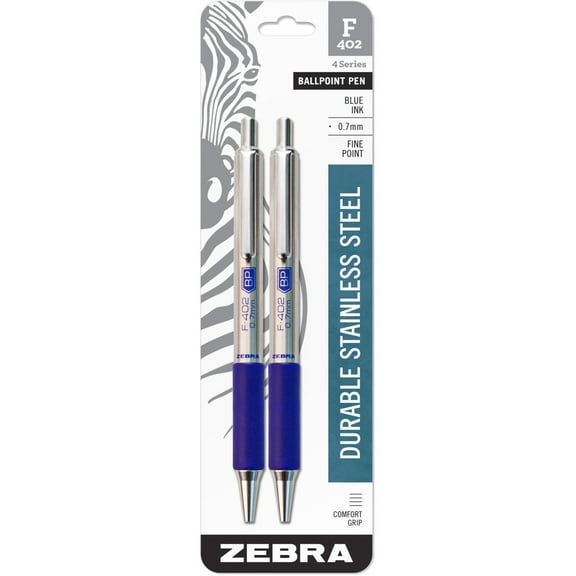 Zebra F-402 Ballpoint Pen, Retractable, Fine 0.7 Mm, Blue Ink, Stainless Steel/blue Barrel, 2/pack | Bundle of 5 Packs