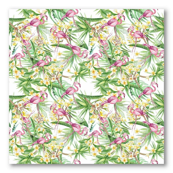 Designart ' Yellow Flowers, Tropical Foliage With Flamingo II ' Modern Canvas Wall Art Print
